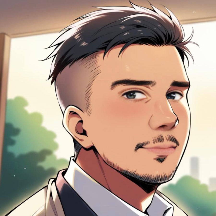This is an animated headshot of Jeremy Freer that was created with AI in an Americanized anime style. Jeremy has shaved hair on the sides and longer tousled hair on top. He has a mustache and short goatee. He is wearing a white dress shirt and brown jacket. There is a window in the background with trees outside during the day.
