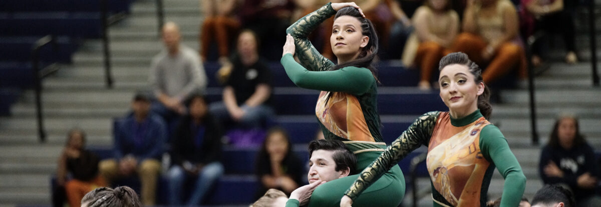 Mason Winter Guard members perform for an audience in green and gold uniforms.