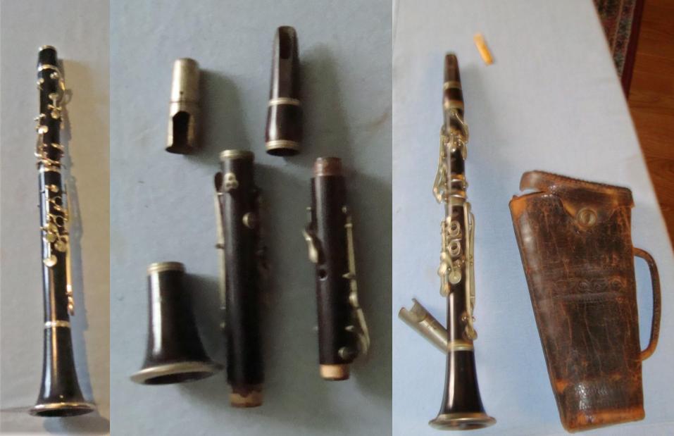 A collection of images showing late-19th-century clarinets. They are of varying lengths, some are in Bb while others are in Eb.