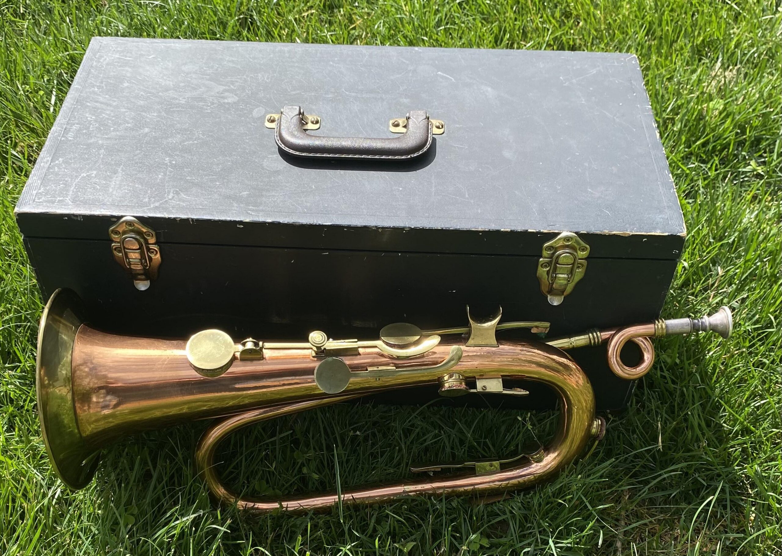 A copper keyed bugle resting alongside its black rectangular wooden case in a field of green grass